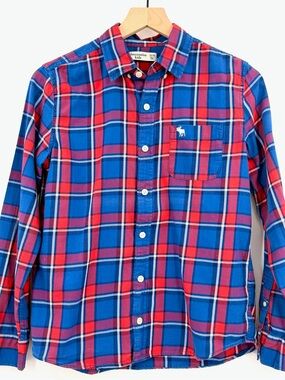 Abercrombie Kids Boys 13/14 Blue Red Plaid Button Down Shirt Moose
